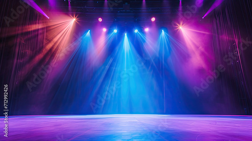 Theater stage light background with spotlight illuminated the stage for opera performance. Stage lighting. Empty stage with bright colors backdrop decoration. Entertainment show. Generative AI © Nhan