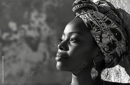 Black and White Portrait of Amazing African American Woman in Traditional Headband photo