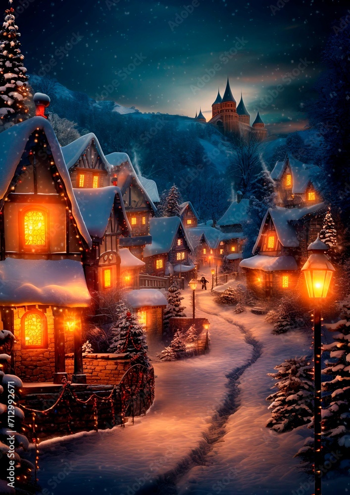Winter village landscape before Christmas.
