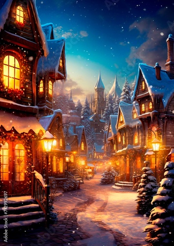 Winter village landscape before Christmas.