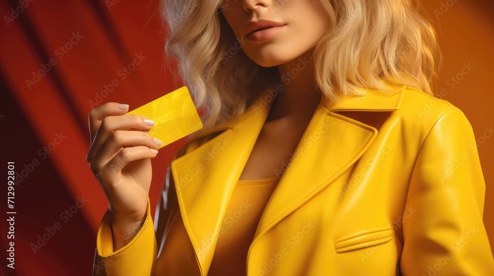 Blonde in yellow jacket holding a credit card on red background. Blonde in yellow jacket holding a credit card on red background.