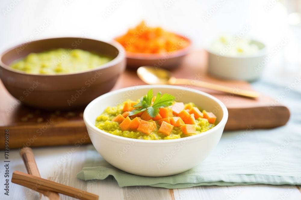 creamy split pea soup with diced carrots for color contrast creamy split pea soup with diced carrots for color contrast