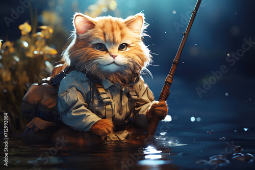 cartoon character a fisherman cat with a fishing rod catches fish in a lake river in water in summer morning