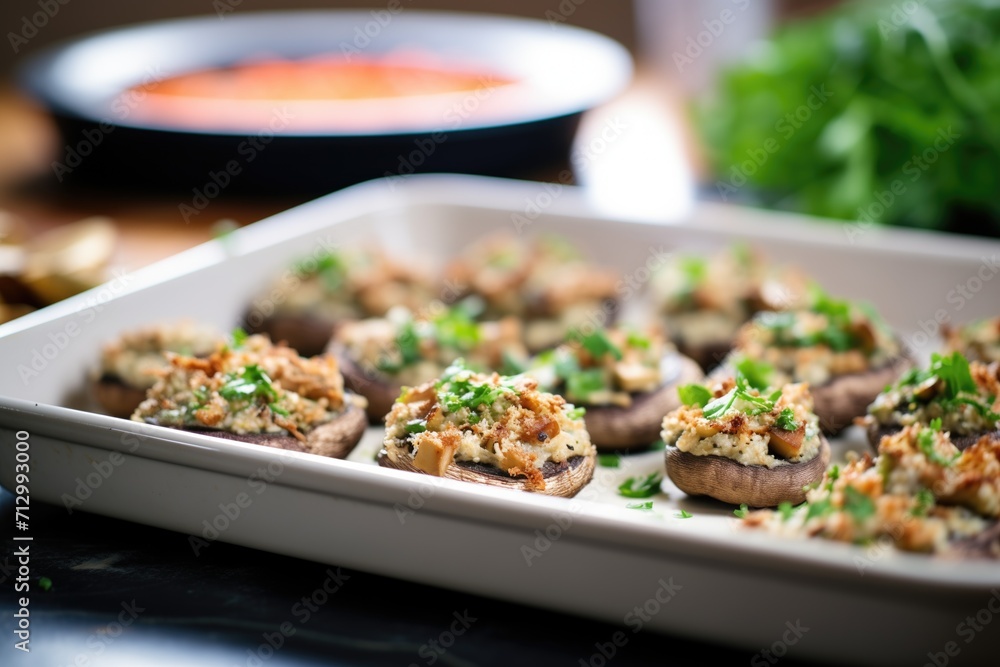 oven tray of mushrooms stuffed with meat and breadcrumbs oven tray of mushrooms stuffed with meat and breadcrumbs