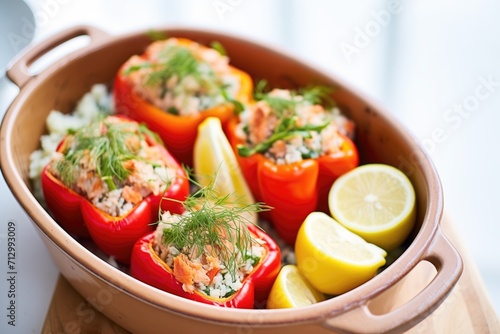 stuffed bell peppers arranged in a baking dish before cooking