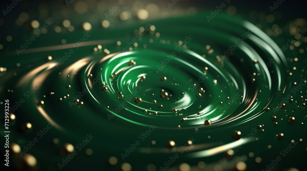 Artistic swirl of green liquid with golden droplets on it, creating an abstract and luxurious fluid pattern.