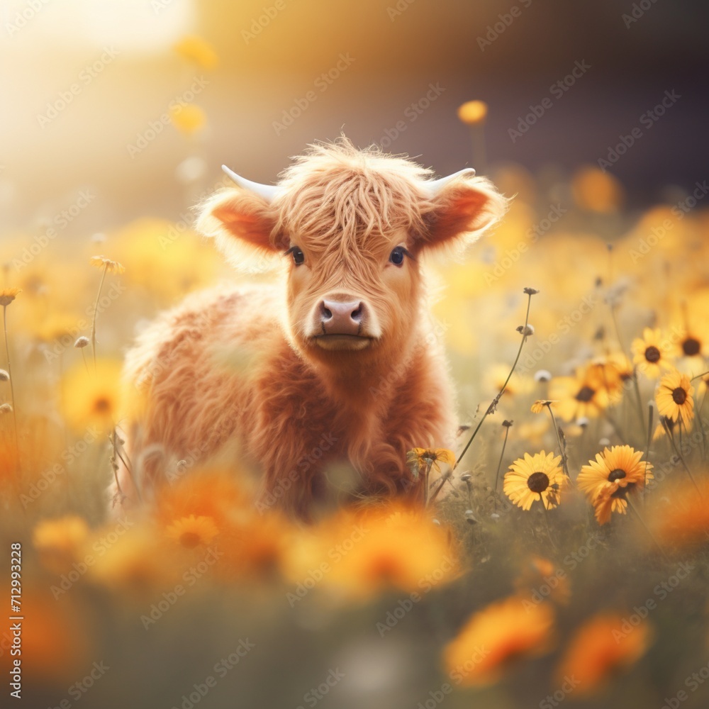 Baby mini cow highland cow field daisy AI Generated pictures