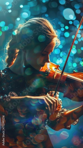 Woman playing violin. Vertical background 