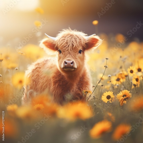 Obraz na płótnie Baby mini cow highland cow field daisy AI Generated pictures w salonie