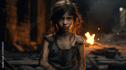 A young girl with a haunting expression sits amid destruction, suggesting a post-apocalyptic or war-torn scene.
