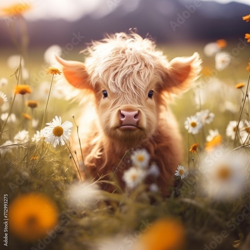Baby mini cow highland cow field daisy AI Generated pictures