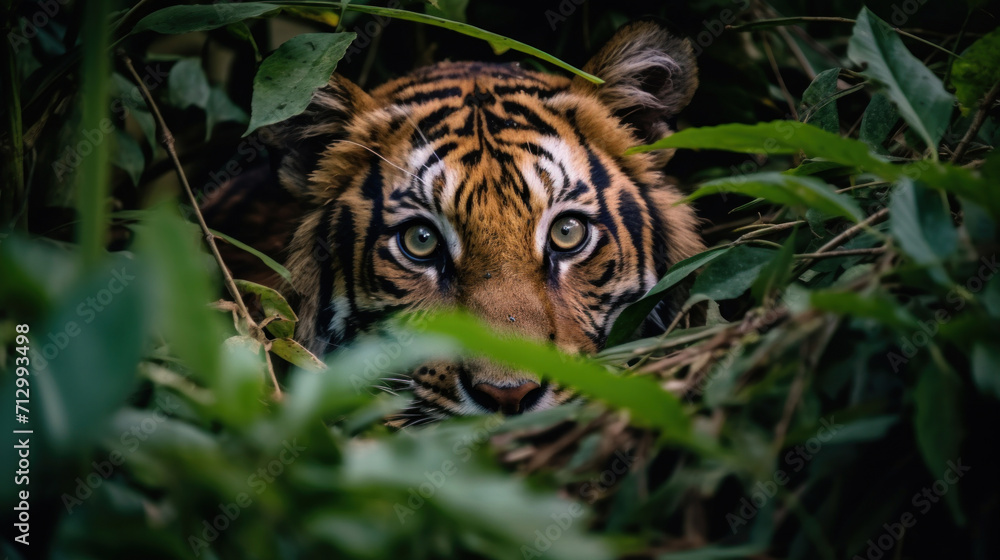 Fototapeta premium A captivating tiger's gaze peers through dense jungle foliage, capturing the essence of wildlife stealth and beauty.