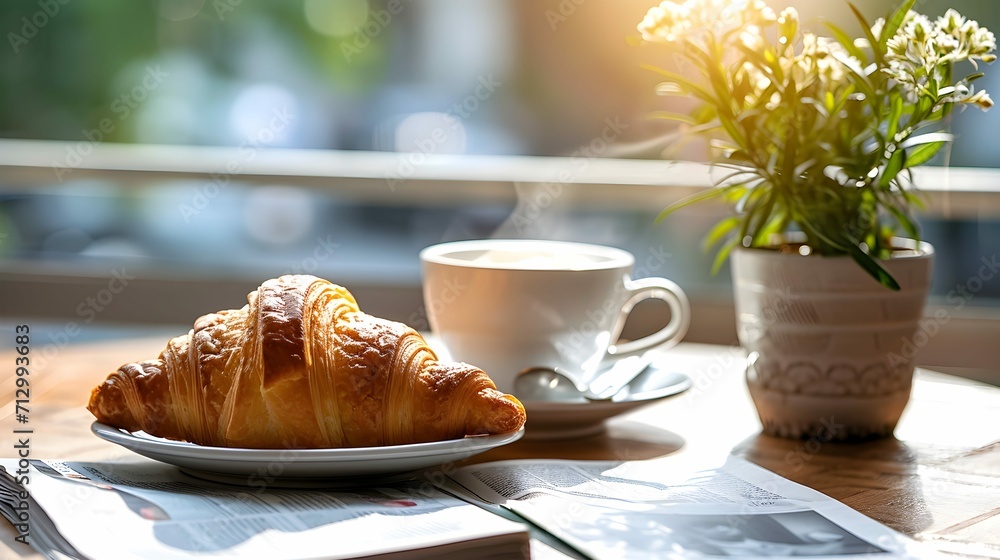 Morning Routine: A neatly arranged breakfast featuring a freshly baked croissant, a steaming cup of coffee and a newspaper on a table Morning Routine: A neatly arranged breakfast featuring a freshly baked croissant, a steaming cup of coffee and a newspaper on a table