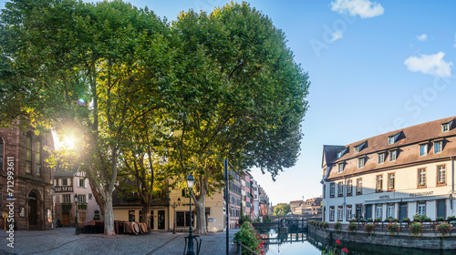 Le Petite France, the most picturesque district of old Strasbourg. Half-timbered houses along the channel of th Ill river.