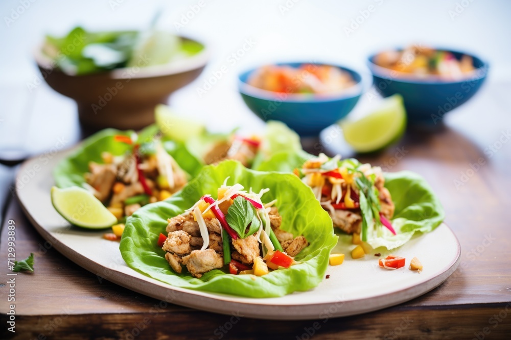 an assortment of turkey lettuce wraps with various fillings an assortment of turkey lettuce wraps with various fillings