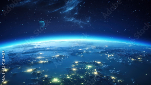 A breathtaking view of planet Earth from space, showcasing a glowing atmosphere with a backdrop of stars and a distant moon.