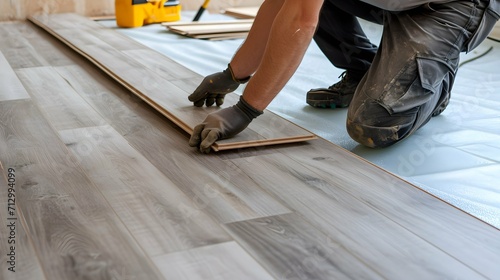 Male construction worker installing laminate timber flooring in new flat. Home renovation concept. photo