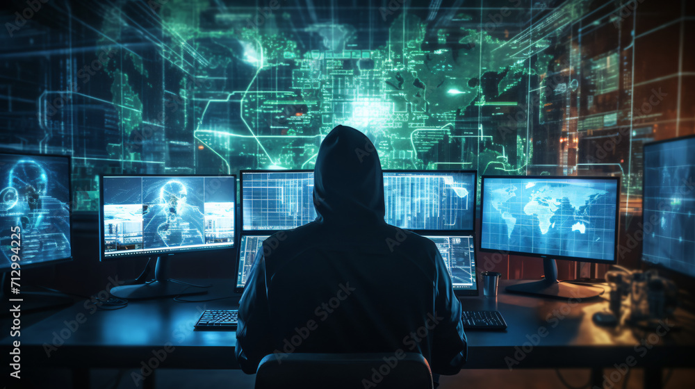 Cyber criminal hacking system at monitors
