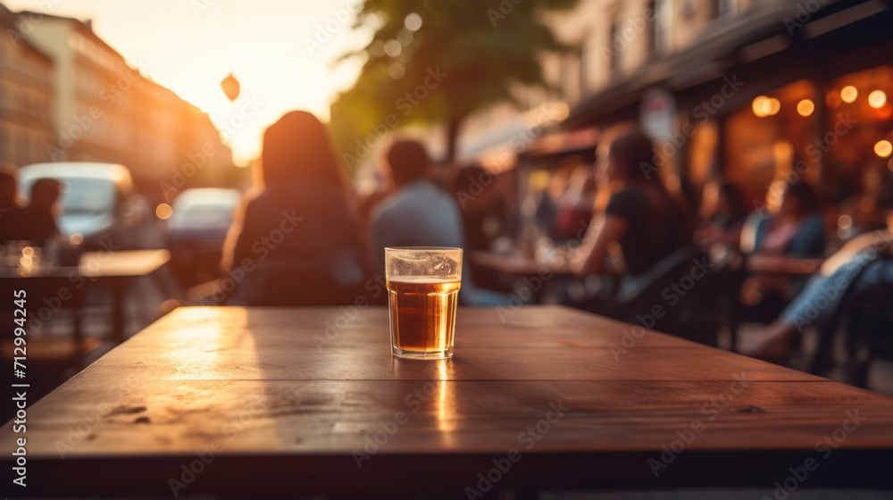 A refreshing glass of beer sits on a wooden table at a bustling outdoor cafe during a golden sunset.