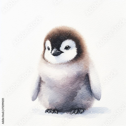 A baby penguin standing on a white background. The baby penguin is drawn with a lot of detail, and you can see its small beak, dark eyes, and soft feathers. The background is a simple white © art illustrations