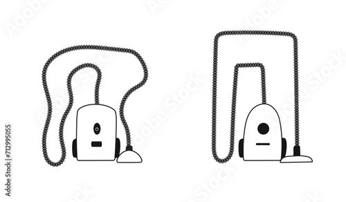 Two vacuum cleaners with geometric and wavy hose in flat minimal outline style. Cartoon cleaning equipment elements. Vector illustration