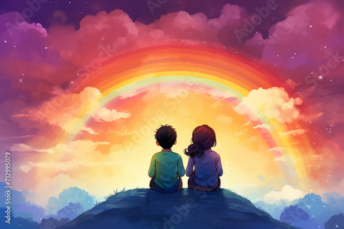 Illustration of two children friends sitting under a rainbow. happy childhood concept. Created with Generative AI photo