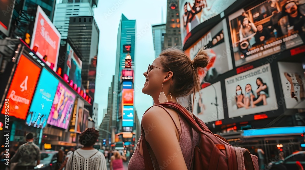 Female tourist at Times Square New York, USA  - obrazy, fototapety, plakaty 