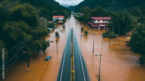 Flooded roads due to flood, natural disaster. Natural disaster concept, nature, element.  photo