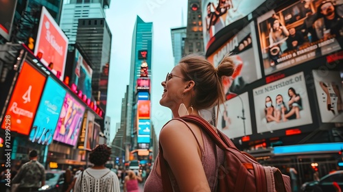 Female tourist at Times Square New York, USA  photo