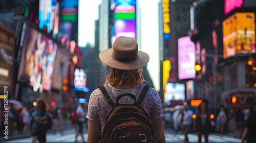 Fotografia, Obraz Female tourist at Times Square New York, USA