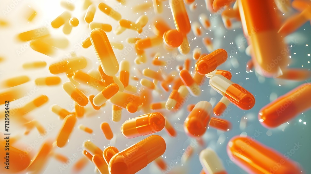 Falling healthcare and medical 3D background with orange premium pills - obrazy, fototapety, plakaty 
