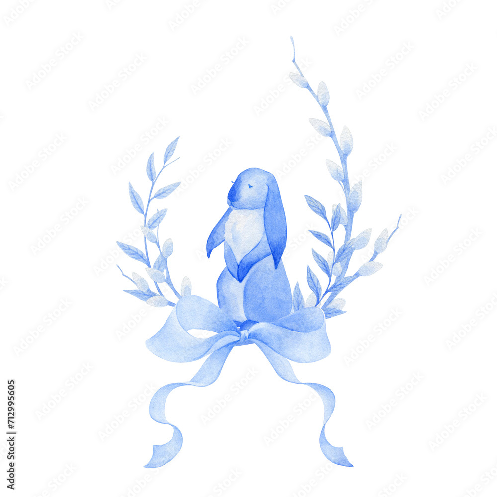 Easter composition of blue watercolor flowers and bunny. All elements are drawn by hand. The composition is isolated on a white background Easter composition of blue watercolor flowers and bunny. All elements are drawn by hand. The composition is isolated on a white background