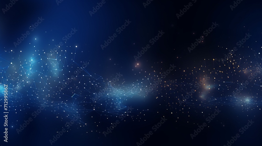 Dynamic deep blue abstract: mesmerizing digital background with sparkling light particles, evolving into intricate lines, surfaces, and grids