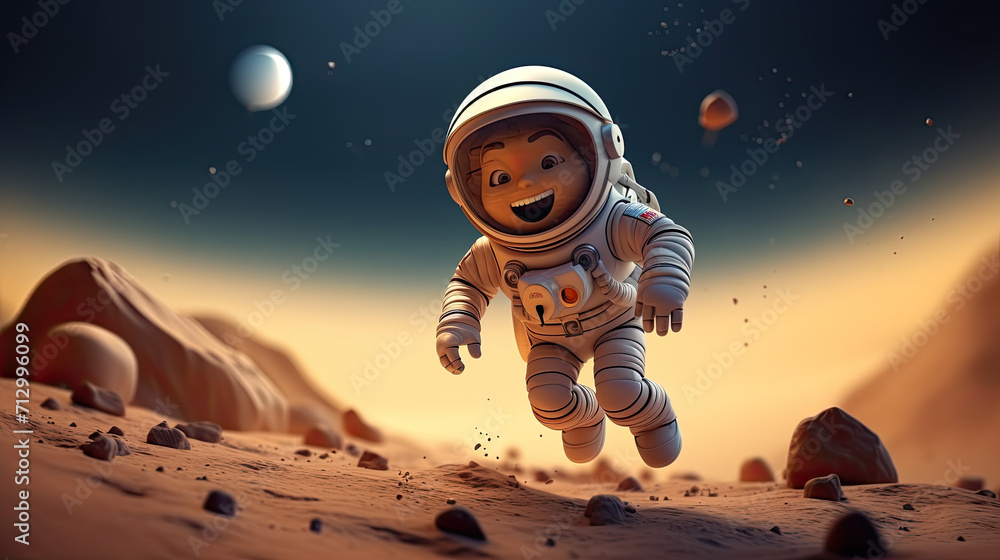 Cheerful cartoon astronaut dashes across alien terrain, exploring with boundless curiosity and a whimsical sense of adventure