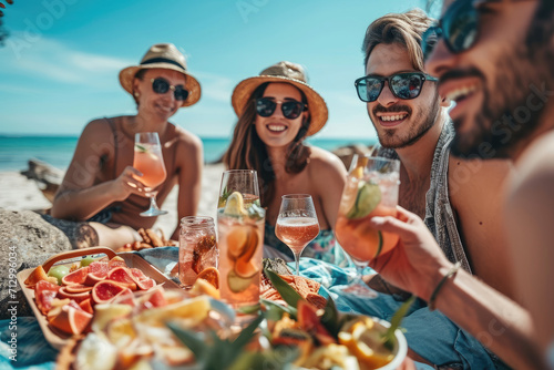Group of friends having a picnic party at the beach
