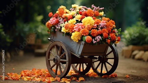 Obraz na płótnie Beautiful flowers wheel barrow AI Generated pictures w salonie