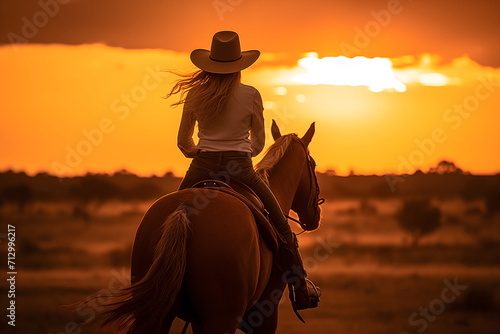 Beautiful cowgirl in hat riding a horse. Sunset. Rear view. photo