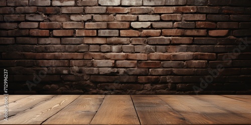 Empty brown wooden table and old black brick wall blur background image suitable for photomontage or product display.