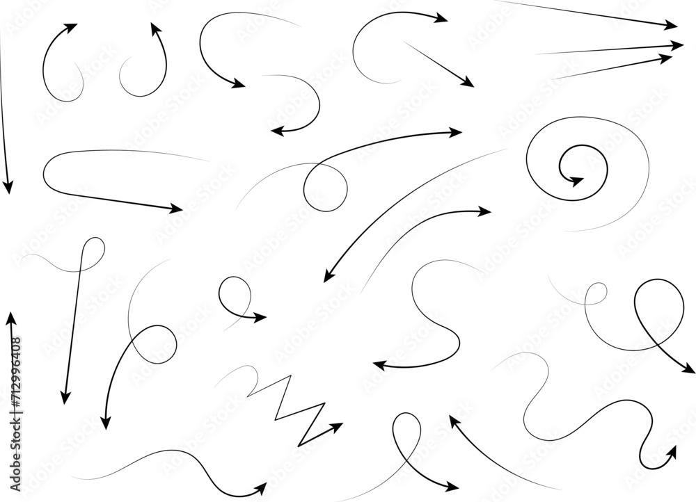 Hand drawn curved arrows set. Sketch doodle style collection. Route or pointers icon vector illustration Hand drawn curved arrows set. Sketch doodle style collection. Route or pointers icon vector illustration