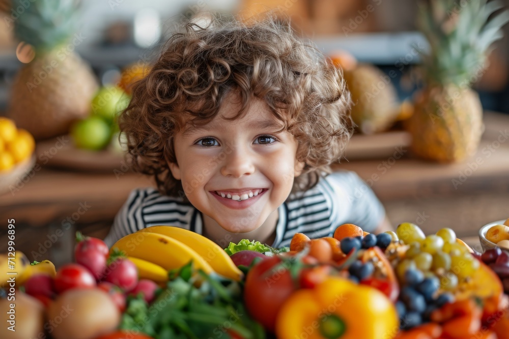 Fototapeta premium young kid with a plate full of fruits