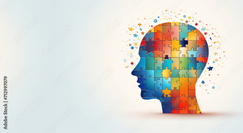 Human head profile and jigsaw puzzle, cognitive psychology or psychotherapy concept, mental health, brain problem, personality disorder, vector line design, Created using generative AI tools. - obrazy, fototapety, plakaty 