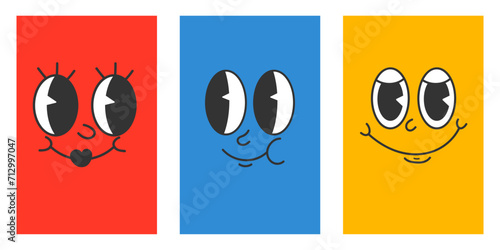 Retro 30s cartoon mascot characters funny faces. 50s, 60s old animation eyes and mouths elements. Vintage comic smile for logo vector set. Smiley caricatures with happy and cheerful emotions