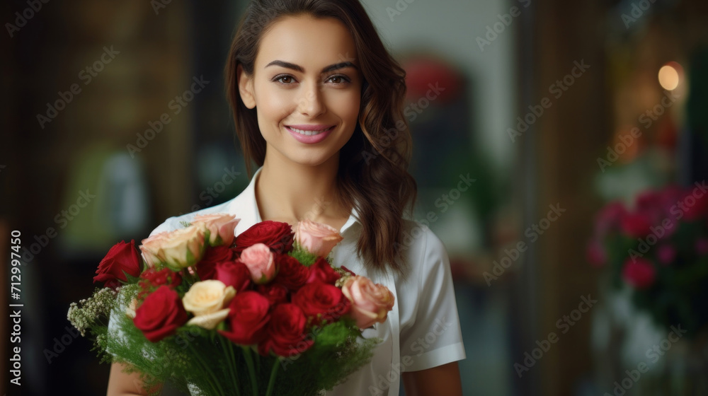 Smiling young woman presenting a beautiful bouquet of mixed roses in a flower shop.