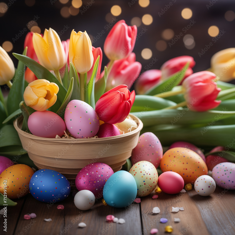 Fototapeta premium A vibrant easter display of pastel-colored tulips and delicate eggs adorn the indoor table, bringing a sense of new life and springtime joy
