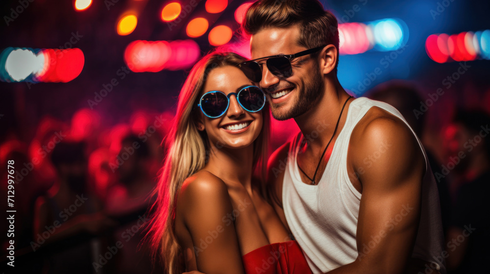 Smiling young couple wearing sunglasses having fun together in a vibrant nightclub setting.