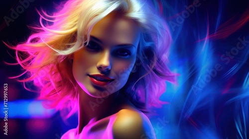 Portrait of a woman with glowing neon lights reflecting vibrant pink and blue hues on her hair and face.