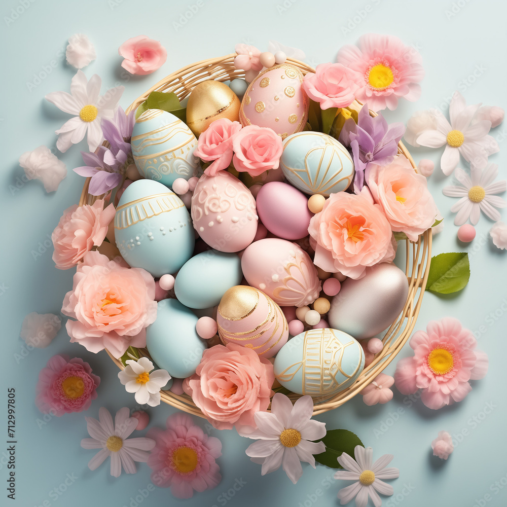 A vibrant easter display blooms indoors with a basket filled with colorful eggs and delicate flowers A vibrant easter display blooms indoors with a basket filled with colorful eggs and delicate flowers