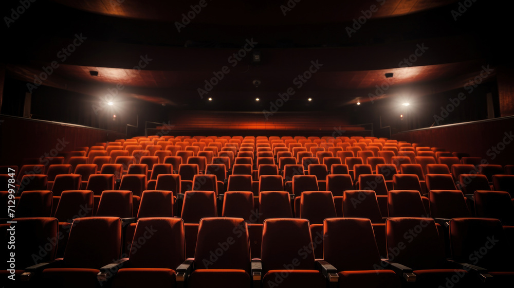 Dark and empty cinema hall with rows of red seats facing a blank screen, suggesting anticipation.