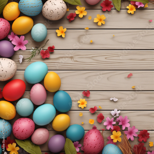 A vibrant display of easter spirit, with hand-decorated eggs and blooming flowers resting on a rustic wooden background