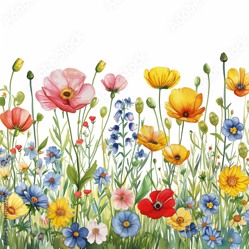A vibrant field of herbaceous annual plants bursts with the delicate beauty of corn poppies in this breathtaking watercolor masterpiece